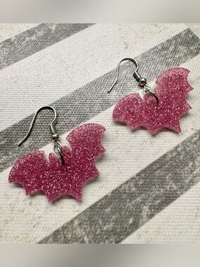 New Spooky Halloween Pink Glitter Bats Dangle Acrylic Earrings - 1.5”